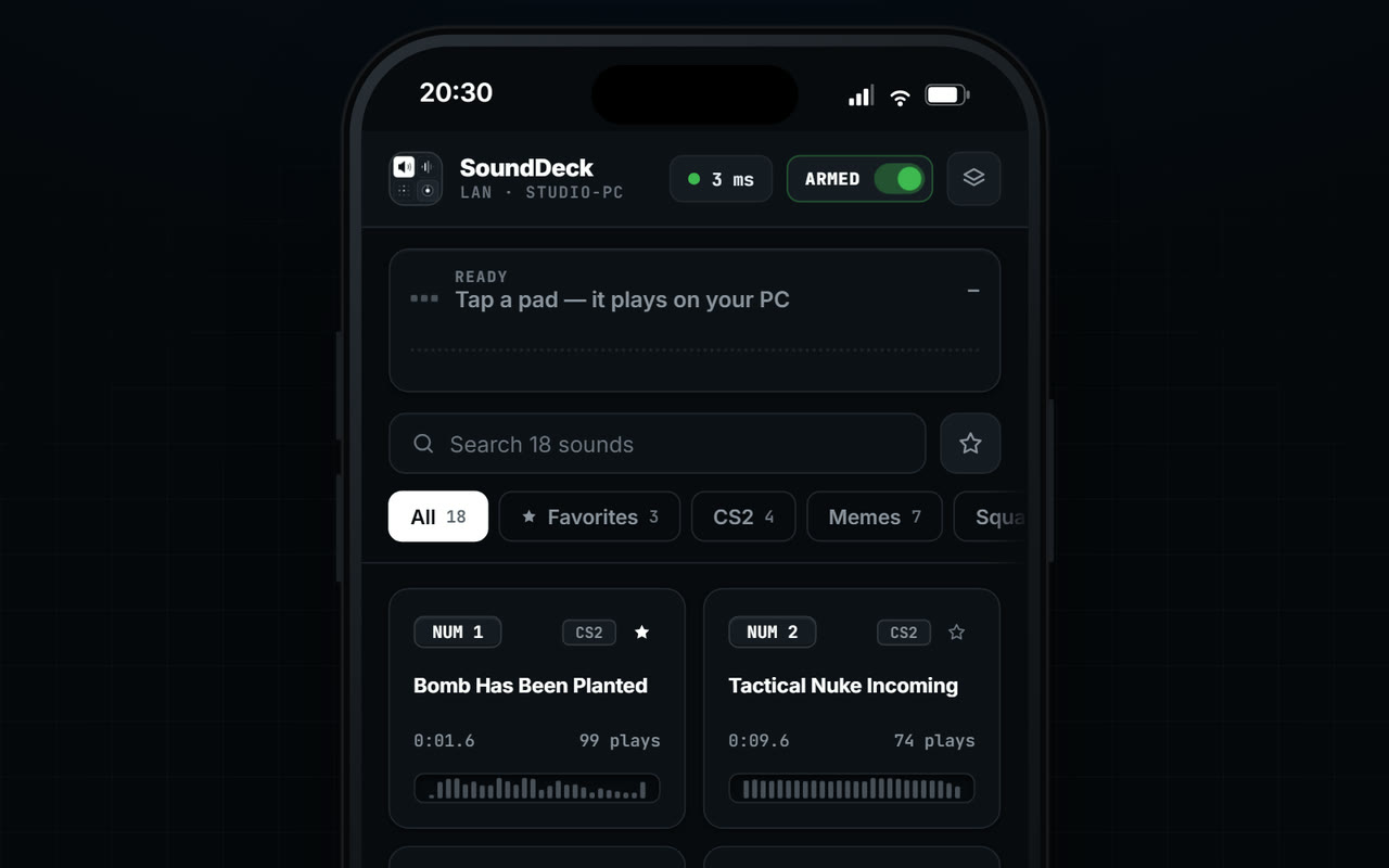 SoundDeck Companion Deck on a phone: now-playing bar, search, categories and soundboard pads