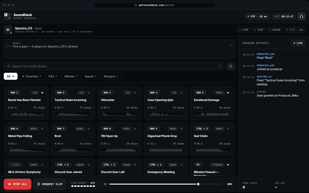 SoundDeck Remote Producer portal in a desktop browser with host permissions, soundboard grid and session activity feed